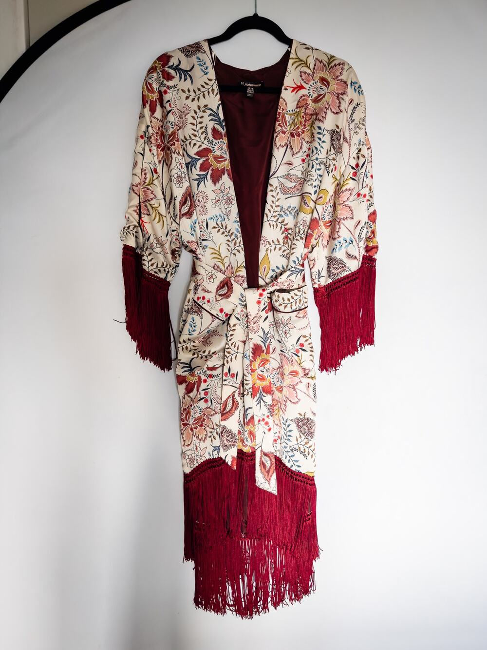 Zara (TRF) Open-Front Fringe-Trim Ivory Floral Kimono Duster with Tie Belt S-M